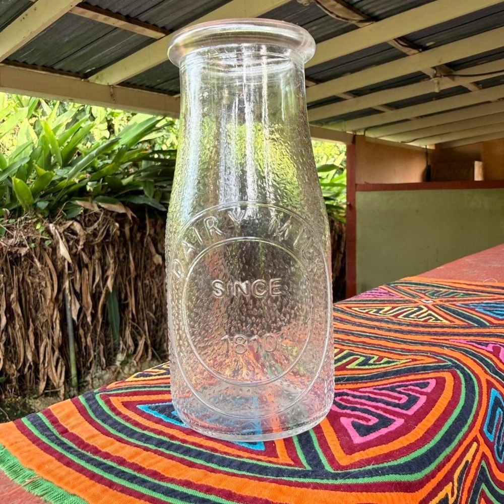 Clear Glass Milk‎ Bottle Vase "Dairy Milk Since 1810" 6.5" Embossed Farmhouse
